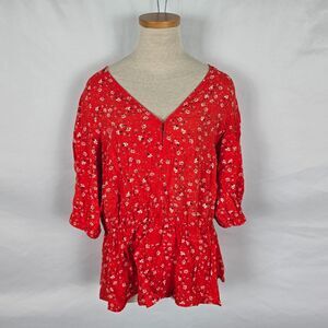 City Chic Women's XXS Red White Floral Baby Doll V Neck Ruffles 3/4 Sleeve NWT